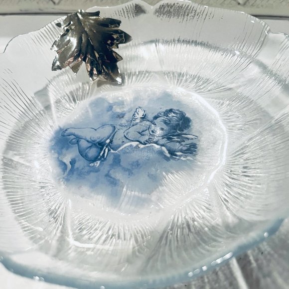 Angel Glass Curved Plate 925 Silver Leaf Hand Painted ARGENTERIA ASTUNI Vintage - Picture 2 of 9